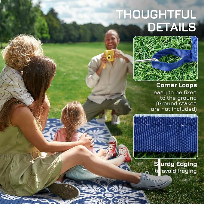 Outsunny Reversible Outdoor Rug Carpet, 9' x 12' Waterproof Plastic Straw Rug, Portable RV Camping Rugs with Carry Bag, Large Floor Mat for Backyard, Deck, Picnic, Beach, Blue & White Floral