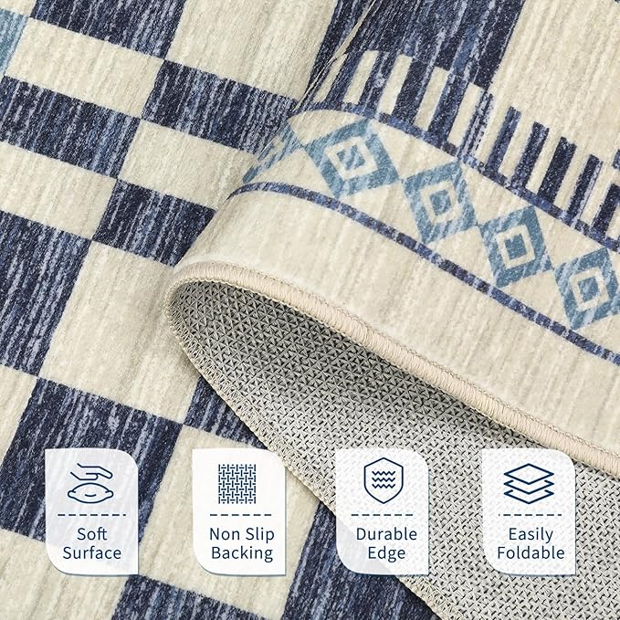 GarveeHome Washable 4x6 Area Rug for Baby Room Modern Abstract Checkered | Non-Slip Low Pile Kitchen Carpet Stain-Resistant No-Shedding High Traffic Area Rug for Dorm Home Dining Office Decor Blue