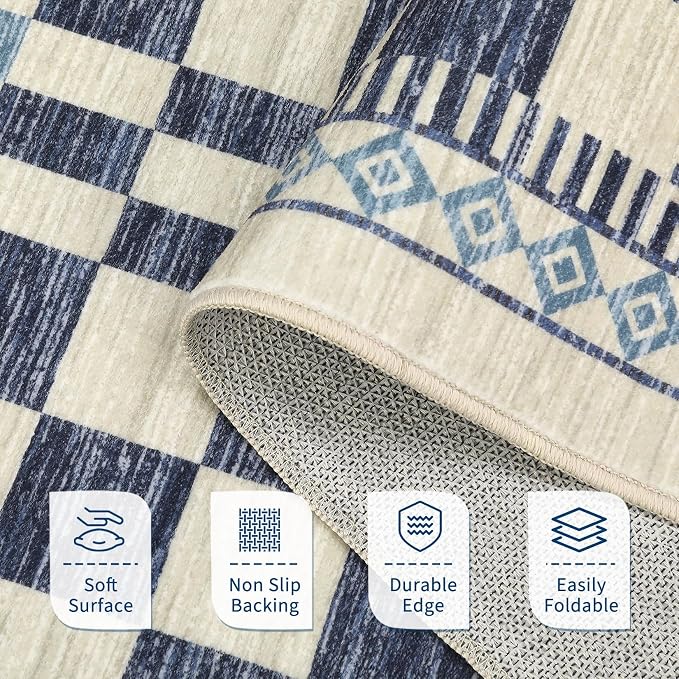 GarveeHome 2x3 Small Rug for Kitchen Modern Checkered Area Rug for Bathroom | Contemporary Blue Abstract Carpets Machine Washable Non-Slip Low Pile Doormat Soft Premium Area Rug for Hallway Bedroom