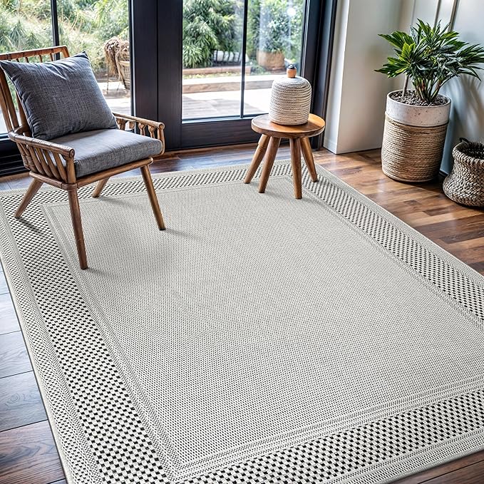 CAMILSON Easy Jute Rug 6x9, Indoor Outdoor Off-White Color Fiber Area Rugs for Entry, Living Room and Farmhouse Rug, Bordered Boho Woven Design, Easy-Cleaning, Washable Outside Carpet (6 x 9)