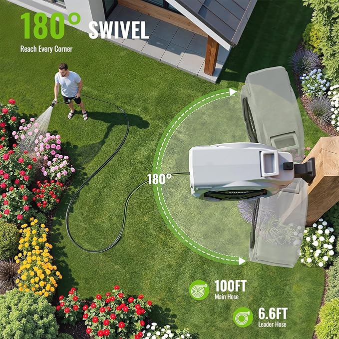 100 FT Retractable Garden Hose Reel for Large Yards, Heavy Duty Wall Mounted Water Hose Reel with Auto Slow Rewind, Any Length Lock & 10-Pattern Nozzle for Watering, Car Washing and Outdoor Cleaning