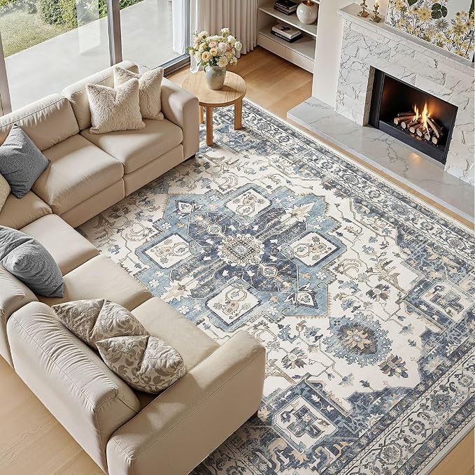 Vintage Washable 6x9 Area Rug for Living Room, Vintage Blue | Soft Low Pile Rug with Non-Slip Backing, Stain Resistant for Bedroom or Dining Room, Kid & Pet Friendly