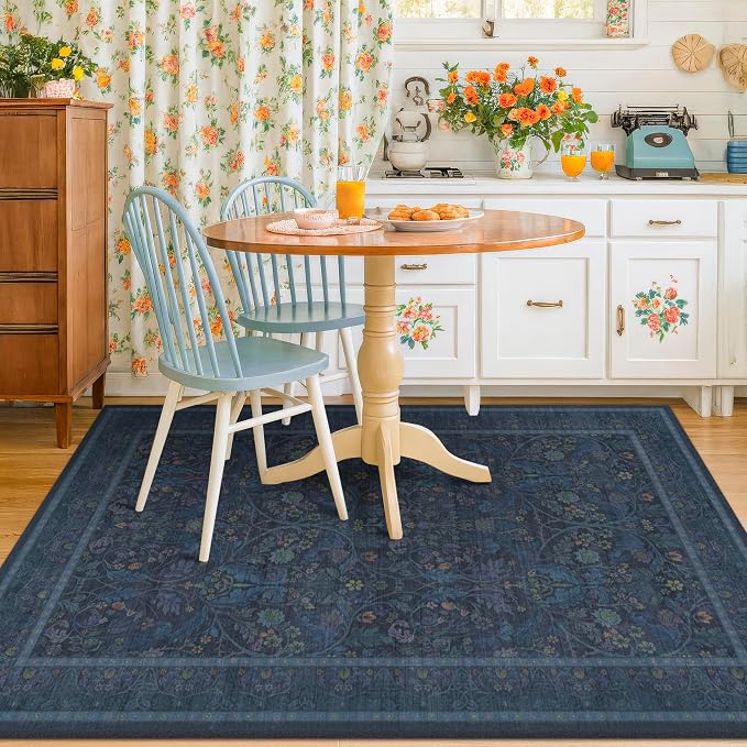 Washable Dark Blue 5x7 Living Room Area Rug - Small Dining Room Rugs for Under Table, Non Skid & Low Pile Bedroom Carpet, Thin Nature Botanical Pattern Mats (Navy Blue)