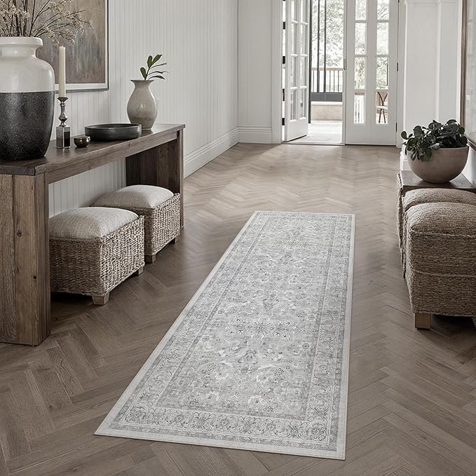 Gray 2x6 Washable Runner Rug Bathroom Vintage Distressed Carpet | Soft Low Pile, Non Slip, Stain Resistant, Long for Kitchen, Hallway, Entryway, Laundry Room, Retro Accent Decor