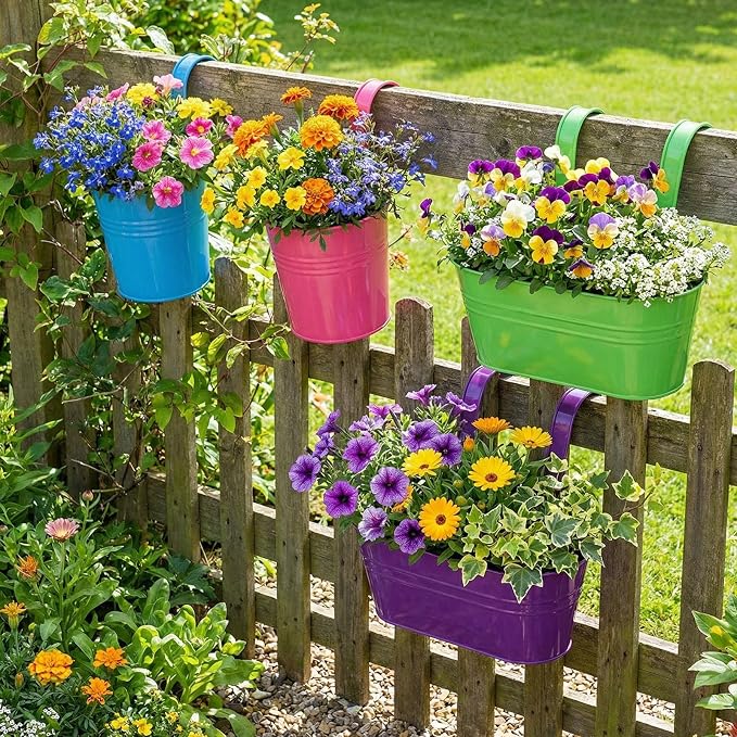 16 Pcs Hanging Flower Pots Planters for Outdoor Metal Iron Wall Flower Planter Baskets for Railing Fence Balcony Garden Yard Home Indoor Decoration with Detachable Hooks (Colorful)