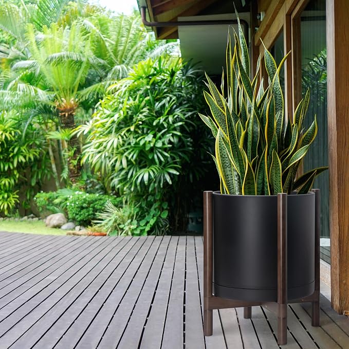 D'vine Dev Planter Pot with Stand - 16 Inch Plastic Cylinder Flower Pot with Wood Planter Holder for Indoor, Matte Black Pot + Walnut Color Stand, 55-C-X-2