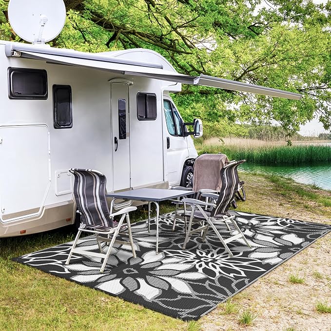 GENIMO Outdoor Rug Waterproof for Patio Decor, 6' x 9' Reversible Plastic Straw Floral Camping Carpet, Large Area Rugs Mats for RV, Camper, Deck, Balcony, Porch, Beach, Picnic, Black & White