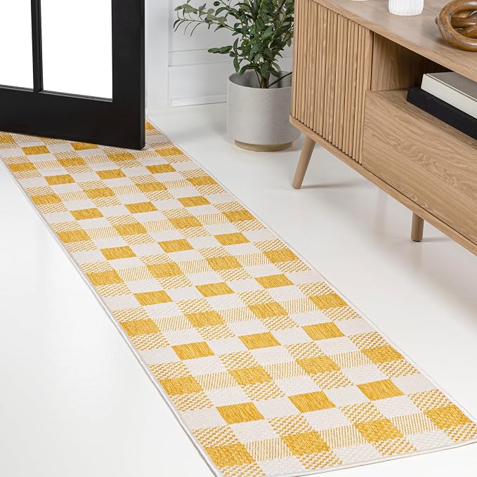 JONATHAN Y Geometric Bold Gingham Indoor Outdoor Runner Rug 2X8 Yellow/Cream, Darcy Traditional for Backyard, Patio, Porch, Easy-Cleaning, High Traffic, Pet-Friendly, Non-Shedding (TSN201D-28)