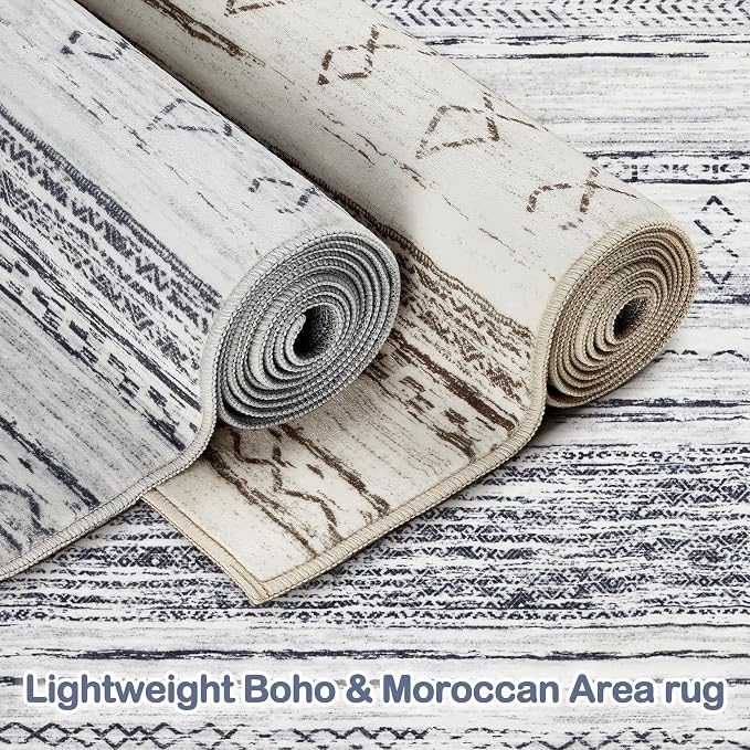 Tortania Area Rug Living Room Rugs - 8x10 Washable Large Soft Neutral Boho Moroccan Bohemian Farmhouse Rug Indoor Floor Carpet for Bedroom Under Dining Table Home Office Decor - Grey