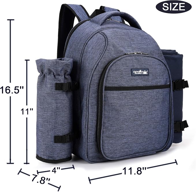 Apollo Walker Picnic Backpack Bag for 2 Person with Cooler Compartment, Detachable Bottle/Wine Holder, Fleece Blanket, Plates and Cutlery Set (2 Person, Navy)