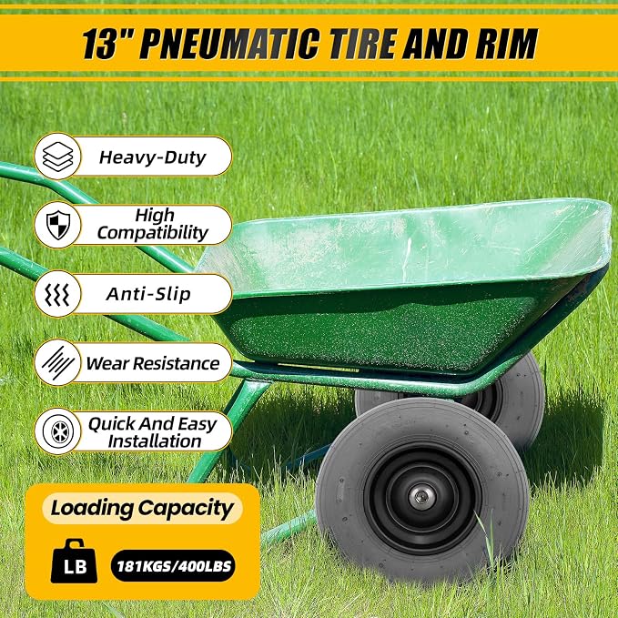 MZREXN 4.00-6" Tire and Wheel, 13" Pneumatic Wheelbarrow Tires, 2pcs | 5/8" extra 3/4" Bearings, 1.75"-5.75" Centered Hub, Replacement Tire for Dolly,Garden Carts Hand Truck,Wagon,Trolley