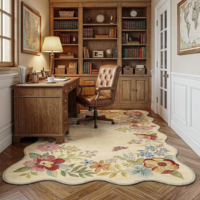 FMFUNCTEX 3x5 Washable Beige Floral Vintage Scalloped Area Rug for Entryway | Flower Colorful Traditional Boho Non Slip Low Pile Pattern Indoor Carpet Entrance Soft Rug Living Room Bedroom Kitchen Office