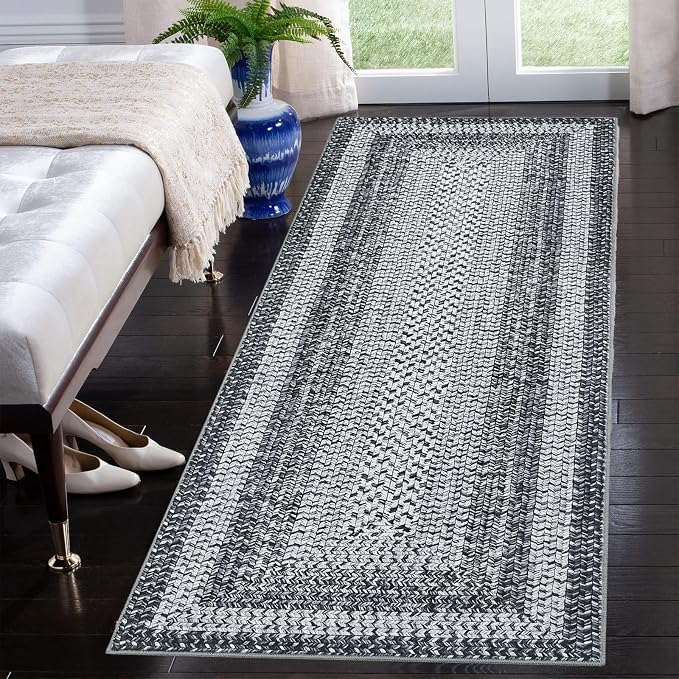 RUGSREAL Washable 2x10 Runner Rug for Hallway Kitchen Modern Runner Rugs | Long Runner Throw Carpet with Rubber Backing, Stain Resistant Braided Printed Entryway Carpet for Bedroom Living Room, Grey