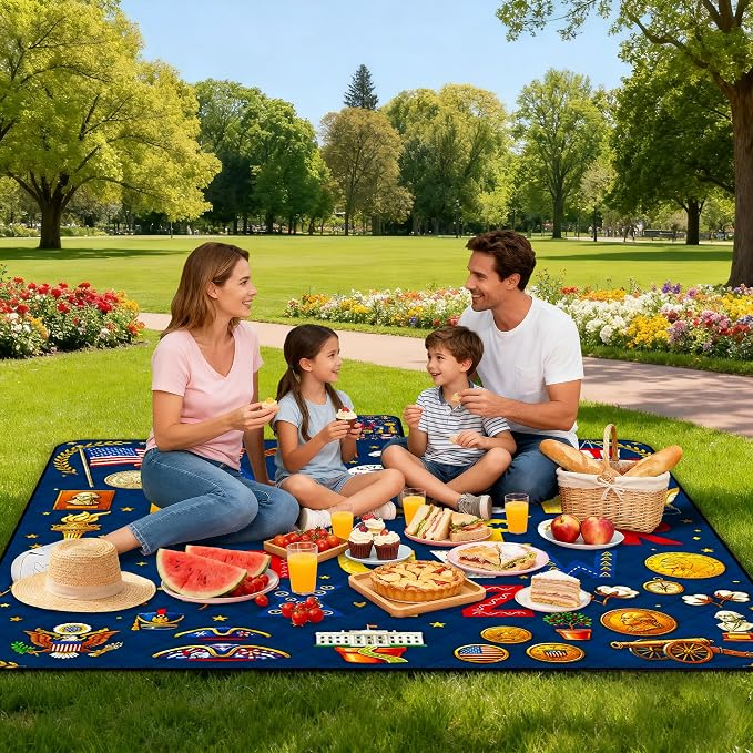 Poedist Extra Large Picnic Blanket Waterproof,80"x 80"Foldable Machine Washable Beach Blanket,Outdoor Blanket for 6-8 Adults,for Indoor Crawling,Park Beach,Camping,Hiking,Family Travel(Flag Letters)