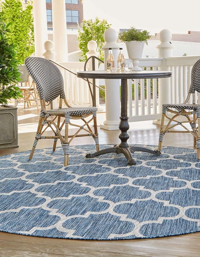 Unique Loom Outdoor Trellis Collection Area Rug - Trellis (Round 3' 3" x 3' 3", Navy Blue/ Ivory)
