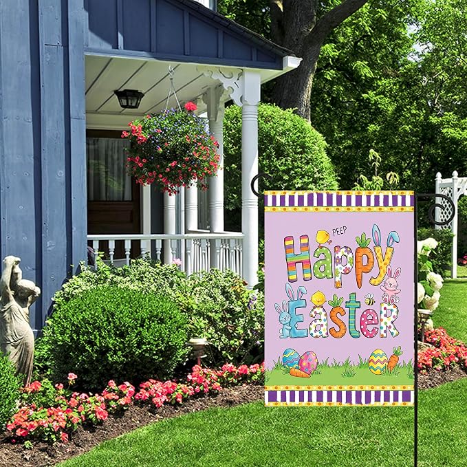 Easter Eggs Garden Flag Double Sided, Easter Bunny Decorations for Porch Welcome Banner for Outside March Spring Yard Outdoor Farmhouse Decoration (Small-12.5×18 inch)