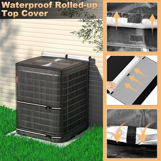 LXKCKJ Full Mesh Top Air Conditioner Cover for Outside Units- 2 in 1 Central Air conditioner Cover with 420D Waterproof Fabric and Textilene, Outdoor AC Covers Defender (Black-24x24x30)