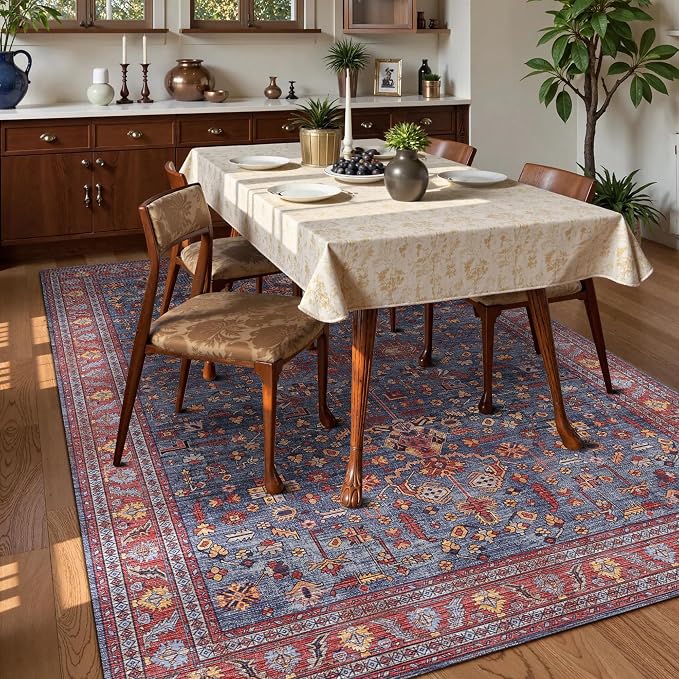 Washable Area Rug 3' x 5 ' Vintage Traditional Persian Mat - Foldable Distressed Non-Slip Machine Washable Carpet for Living Room Bedroom Kitchen Home Decor - Indigo and Crimson