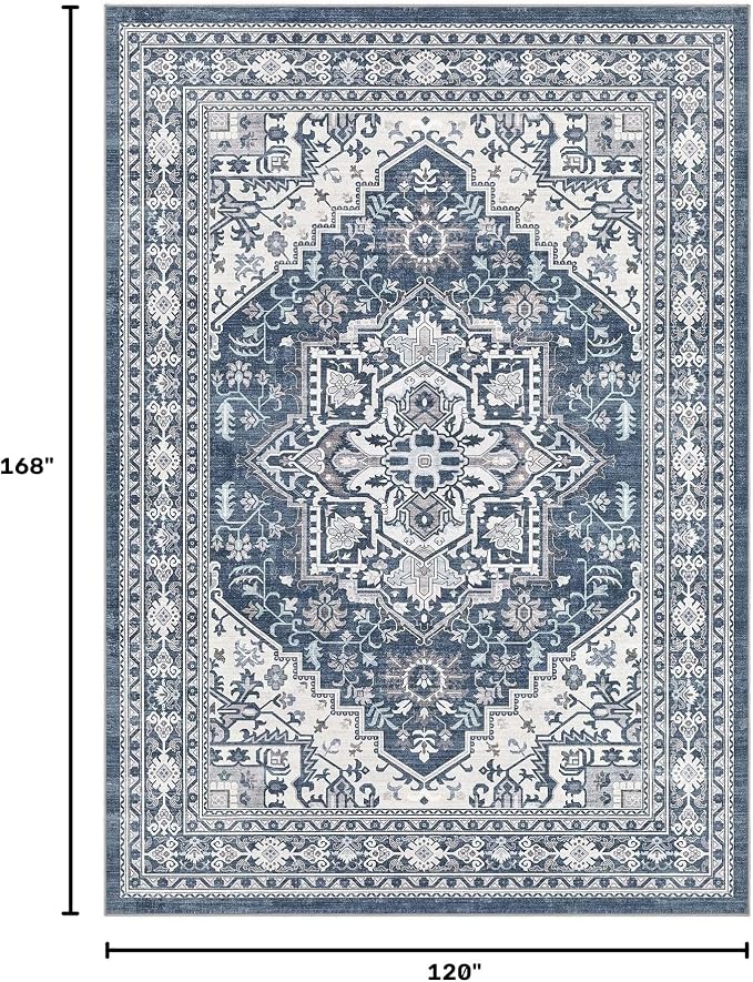 UERMEI 10x14 Area Rug for Living Room - Washable Vintage Carpet, Non-Slip Soft Large Indoor Floor Rugs for Bedroom Home Office & Under Dining Table Decor, Denim Blue/White