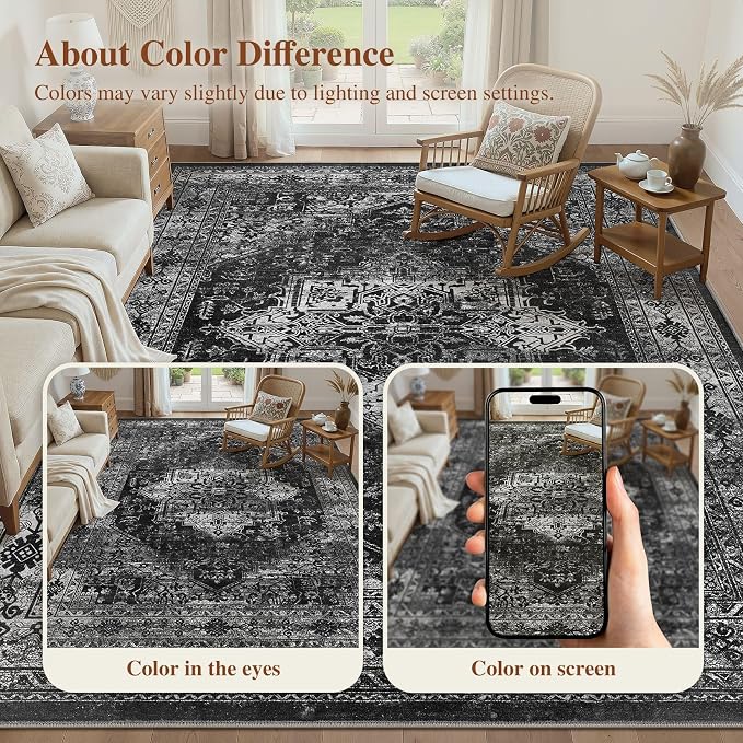 UERMEI 6x9 Area Rug Living Room Rugs - Washable Vintage Soft Large Rug Indoor Floor No Slip Rug Carpet for Bedroom Farmhouse Under Dining Table Home Office Decor - Black