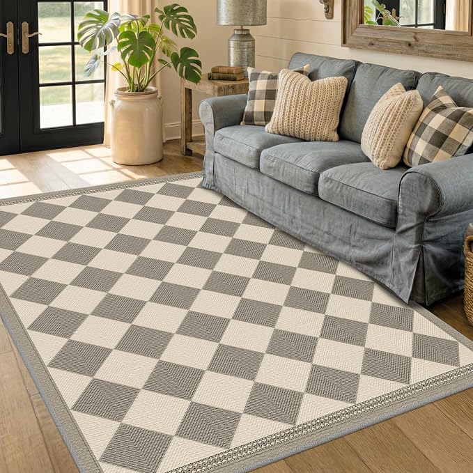 Beige Gray Checkered 5x7 Easy Jute Indoor Outdoor Area Rug for Living Room Backyard Porch, Washable Non Slip Dining Room & Bedroom Carpet, Diamond Pattern Modern Farmhouse Outdoor Patio Rug