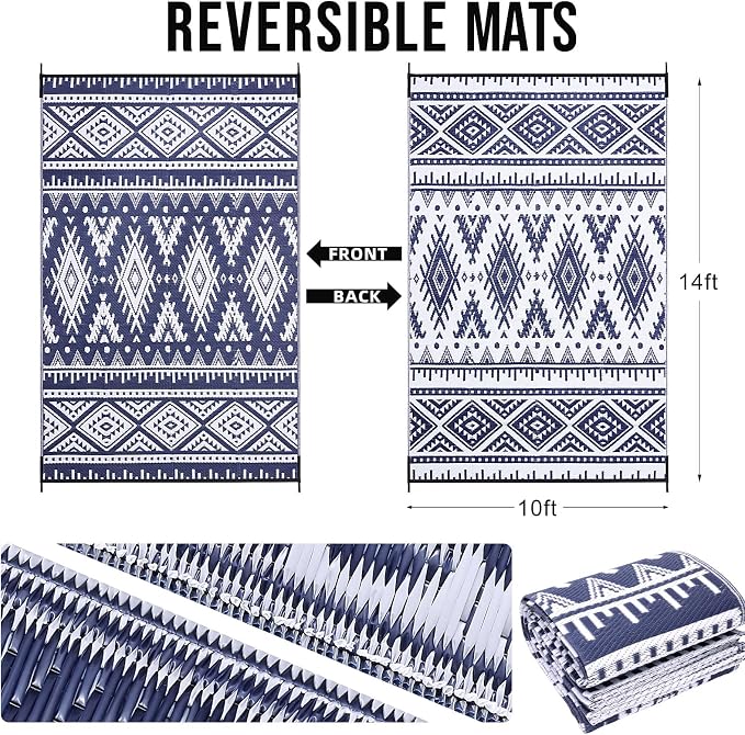 OLANLY Outdoor Rug Waterproof 10x14 ft, Reversible Outdoor Plastic Straw Rug, Boho Patio Rug, Indoor Outdoor Carpet, RV Mat Outside for Patio, Camp, Picnic, Balcony, Deck, Backyard, Navy & White