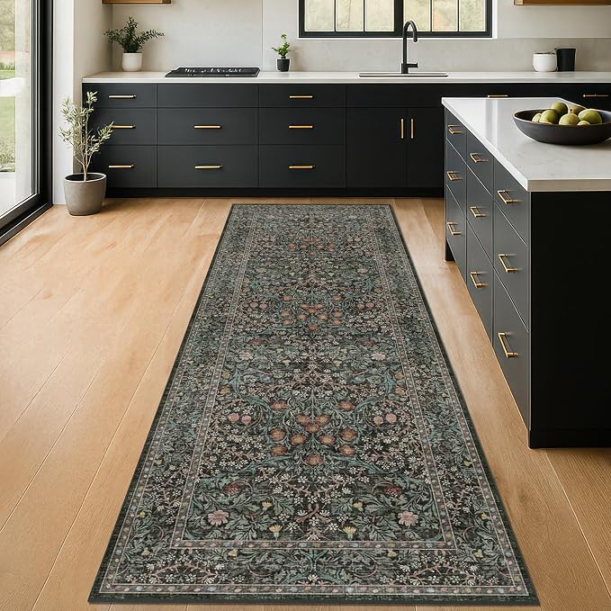Non Slip 2x6 Kitchen Runner Rug Washable, Rubber Backed Bathroom Runner, Boho Vintage Floral Botanical Dark Green Non Skid Low Pile Soft Carpet for Entryway, Laundry Room, Hallway Mats for Floor