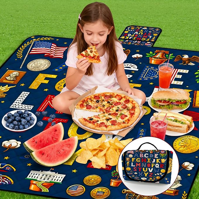 Poedist Extra Large Picnic Blanket Waterproof,80"x 80"Foldable Machine Washable Beach Blanket,Outdoor Blanket for 6-8 Adults,for Indoor Crawling,Park Beach,Camping,Hiking,Family Travel(Flag Letters)