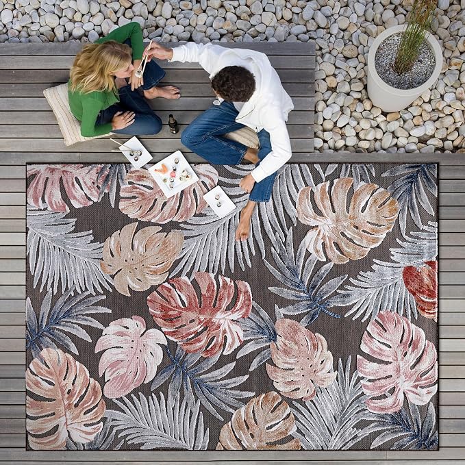CAMILSON Indoor Outdoor Rug, Brown 5x7 Leaf Tropical Botanical Area Rugs for Indoor and Outdoor patios, Easy-Cleaning Non-Shedding Living Room, Garden and Kitchen Washable Outside Carpet (5 x 7)