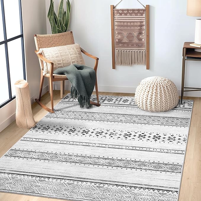 4x6 Washable Area Rugs for Living Room Boho Bedroom Rug Grey/Black/Navy | Vacuum Friendly, Machine Washable, Non-Slip Rug, Stain Resistant, Moroccan Geometric, Low Pile Carpet, Dining Room Kitchen