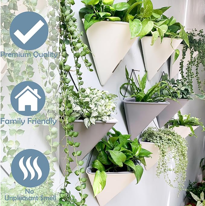LaLaGreen Wall Planters for Indoor Plants - 4 Pack, 12 Inch Large Self Watering Gray Geometric Hanging Flower Vase Vessel with Metal Hanger, Modern Stylish Wall Mounted Succulent Pot Holder Decor