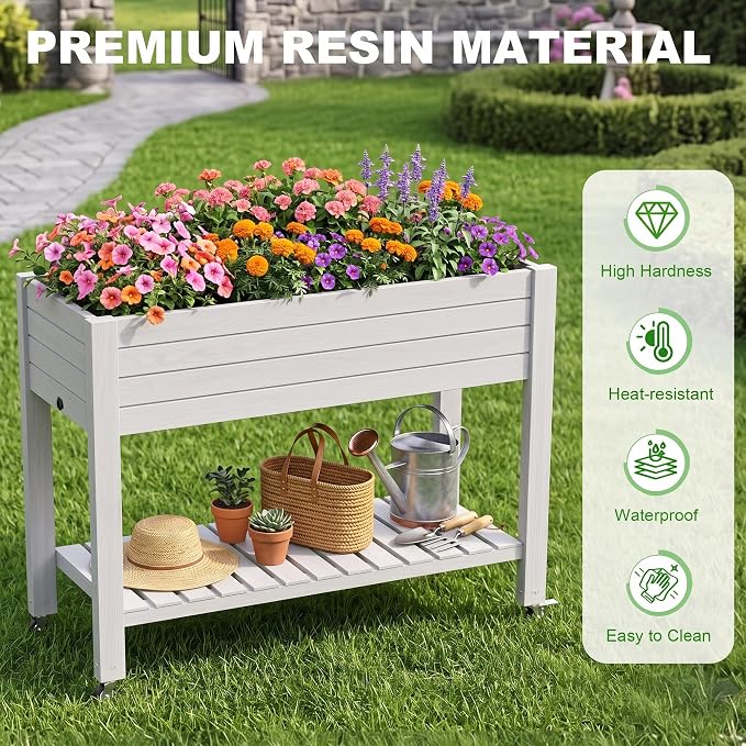 Elevated Resin Raised Garden Bed, 33.7in Height Raised Planter Box with Drainage Holes, Lockable Rotating Wheels & Bottom Storage Shelf, Stake Support, Easy Assembly for Patio Lawn Backyard Balcony
