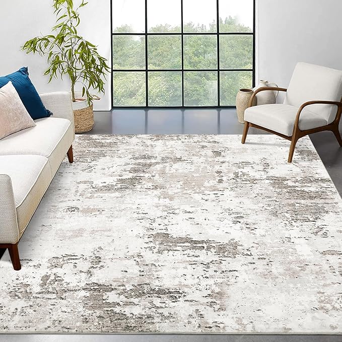 ROYHOME 10x13 Modern Abstract Faux Wool Rug for Living Room, Taupe/Beige | Low Pile Ultra Soft Stain Resistant Non Slip Non Shedding Throw Rug for Bedroom Home Decor