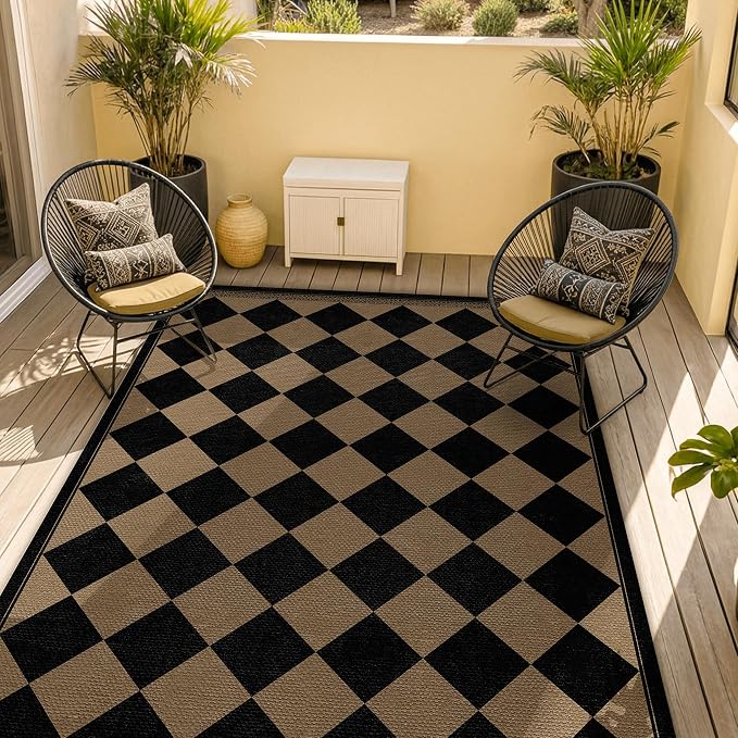 Boho Checkered Easy Jute Indoor Outdoor Rugs for Dining Room Living Room Patio 5x7, Non Skid Washable Checkered Outdoor Rug, Farmhouse Geometric Carpet for Bedroom, Backyard, Brown Diamond Décor