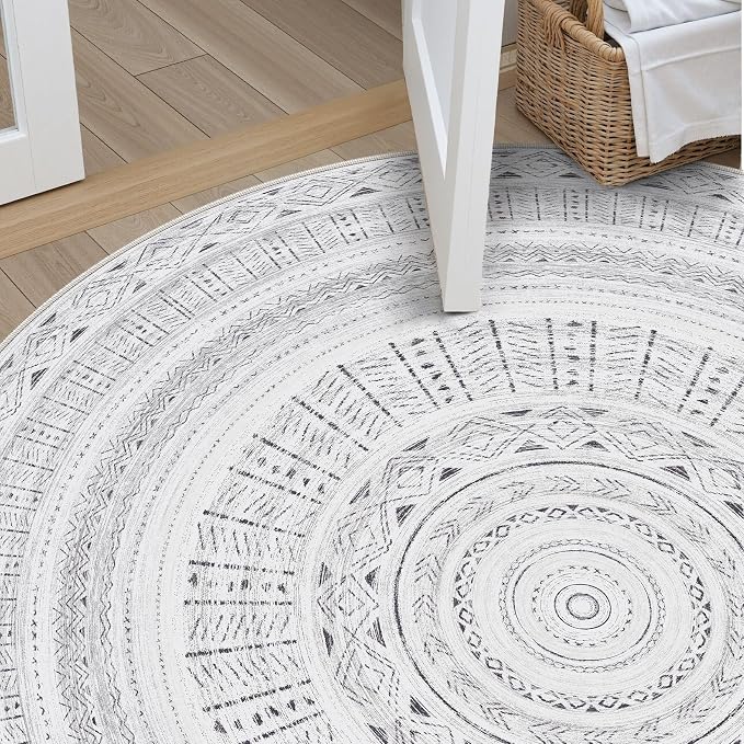cotiled 6x6 Round Rug 6ft Circle Living Room Boho Area Rugs | Washable Foldable Indoor Carpet for Bedroom Home Office Dark Grey