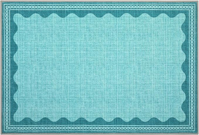 GarveeHome Scalloped Teal Door Mat Indoor Rugs for Entryway Small Rug 2x3 Washable Non-Slip TPE Backing Modern Minimalism Soft Low-Pile Throw Carpet for Bedroom Kitchen Bathroom