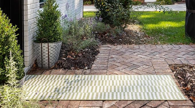 Unique Loom Outdoor Striped Collection Area Rug - Striped (2' x 6' 1" Runner, Green/Ivory)