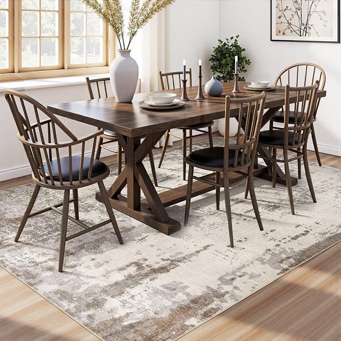UERMEI 8x10 Area Rug Living Room Rugs - Washable Neutral Modern Abstract Soft Thin Large Rug Indoor Floor Non Slip Rug Carpet for Bedroom Under Dining Table Home Office Decor - Brown/Grey/Beige