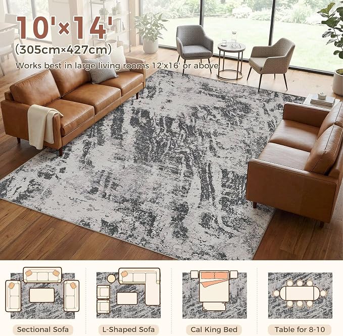 DMOYEST 10x14 Area Rug for Living Room Washable Abstract Indoor Carpet | Neutral Modern Low Pile Rugs Kid & Pet Friendly Large Soft Thin Carpet for Bedroom Dining Room and Office - Light Black