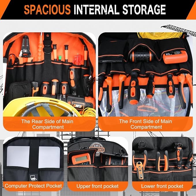 LOKASS Tool Backpack Heavy Duty with Molded Bottom, 1680D 56-Pocket Tool Bag Organizer with Laptop Compartment & Combination Lock, Durable Water-Resistant Electrician & HVAC Tool Backpack - Black