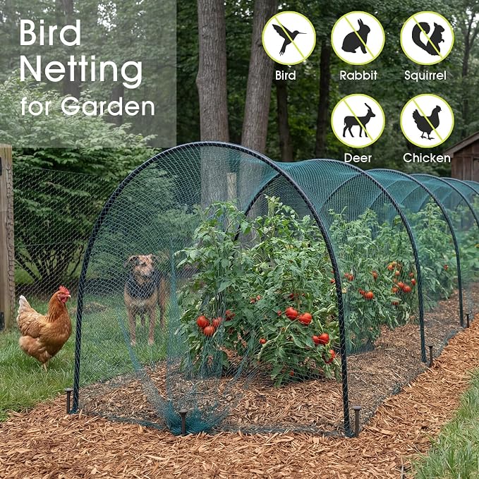 Bird Netting for Garden Protection, 7.5 x 33 FT Heavy Duty Garden Netting with Ties and Landscape Staples for Vegetable, Fruit Trees & Other Plants Against Birds Deer Squirrels and Poultry