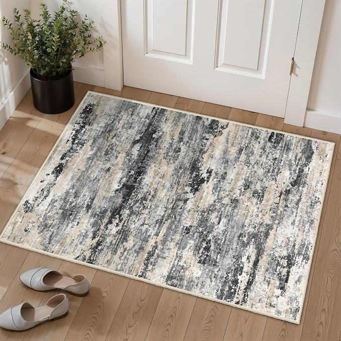 Tangsoo 2x3 Small Washable Rugs for Entryway, Abstract Modern Non-Slip Low Pile Soft Small Area Rug, Indoor Front Door Throw Rugs for Entry Entrance Kitchen Living Room Bathroom Home Decor Black Grey