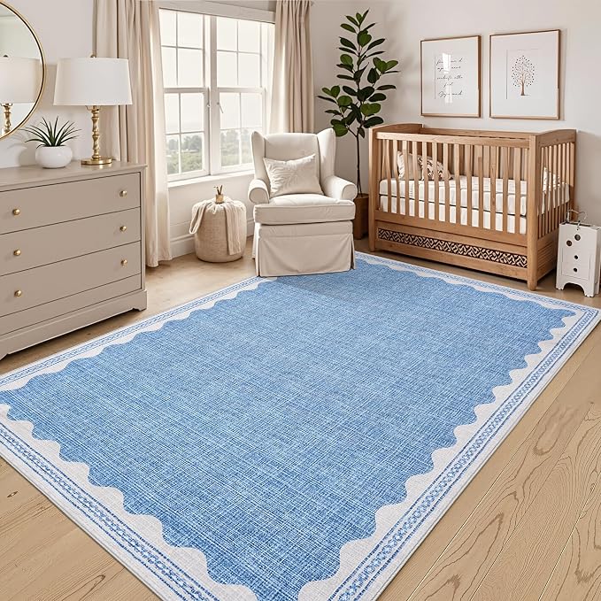 GarveeHome Scalloped Blue Washable Area Rug 6x9 Rugs for Living Room Soft Low-Pile Solid Large Carpet for Bedroom Dining Nursery Non Slip Mat with Rubber