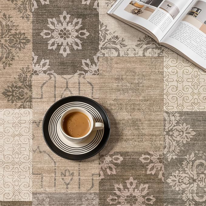UERMEI 8x10 Area Rug for Living Room, Washable Brown Modern Geometric Patchwork Non Slip Stain Resistant Low Pile Foldable Carpet for Bedroom Dining Farmhouse Home Office