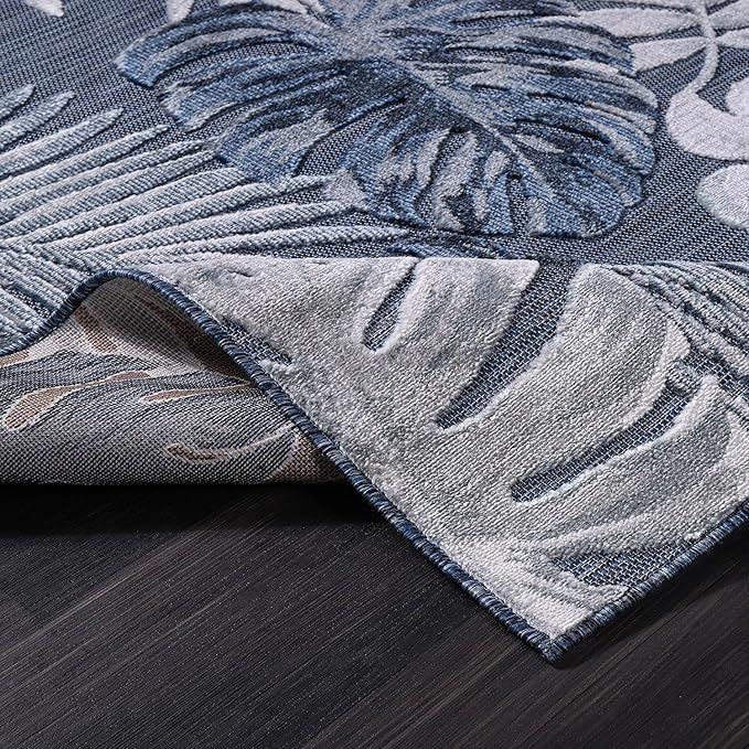 CAMILSON Indoor Outdoor Rug, Navy Blue 9’x12’ Leaf Tropical Botanical Area Rugs for Indoor and Outdoor patios, Easy-Cleaning Non-Shedding Living Room Garden and Kitchen Washable Outside Carpet (9x12)