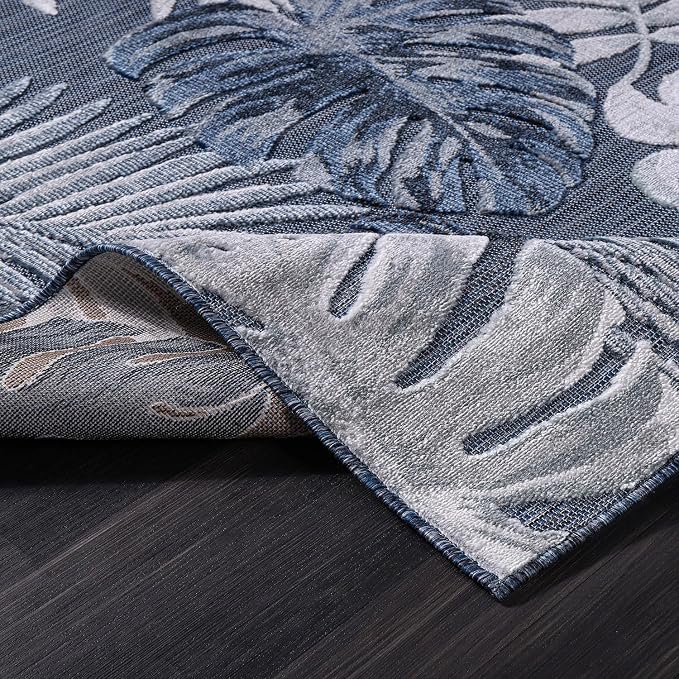 CAMILSON Indoor Outdoor Rug, Navy 10’x14’ Leaf Tropical Botanical Area Rugs for Indoor and Outdoor patios, Easy-Cleaning Non-Shedding Living Room, Garden and Kitchen Washable Outside Carpet (10x14)