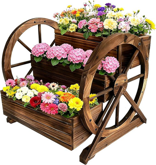 3 Tier Large Wooden Wagon Planter Box|Outdoor Planter/Flower Pot for Indoor&Outdoor Plants-Rustic Garden Planter for Patio,Porch&Garden Decor-Raised Garden Bed for Succulents,Herbs,Vegetables