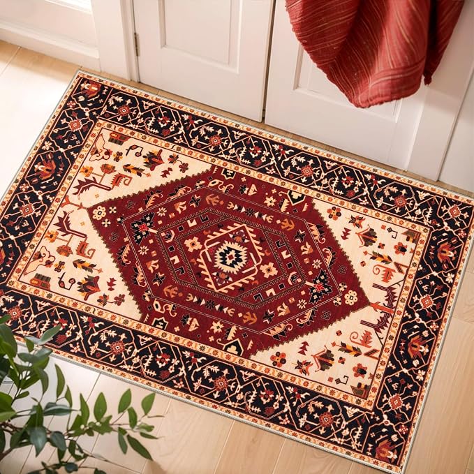 SERISSA 2x3 Washable Non Slip Boho Small Area Rug for Entryway，Red Black | Ultra Soft Vintage Oriental Carpet Low-Pile Tribal Indoor Mat for Bedroom Kitchen Bathroom Entrance Floor