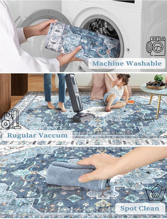 SERISSA 2x6 Washable Non Slip Boho Runner Rug for Hallway | Ultra Soft Vintage Oriental Carpet Low-Pile Distressed Blue Floor Carpet for Kitchen Bedroom Bathroom Laundry Living Room