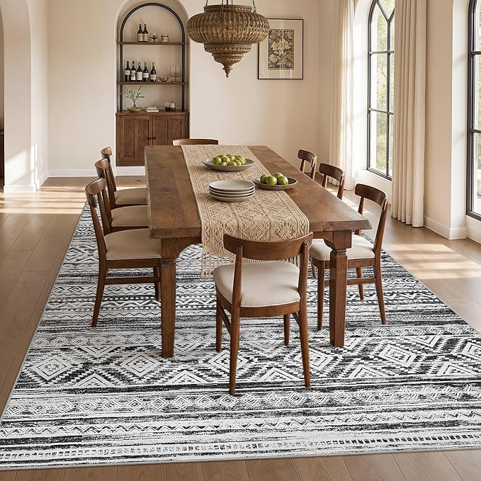 cotiled 6x9 Area Rugs for Living Room: Boho Washable Rug for Dining Room | Solve Modern Neutral Trendy Home Decor - Stain Resistan Indoor Soft Carpet for Bedroom Nursery White Black